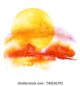 Watercolor pattern, illustration on white isolated background. Sunset, dawn, yellow sun on a yellow, orange, red sky with clouds.Vintage illustration.
Watercolor beautiful background.