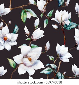 watercolor pattern magnolia flowers  white magnolia  simple seamless pattern  dark background