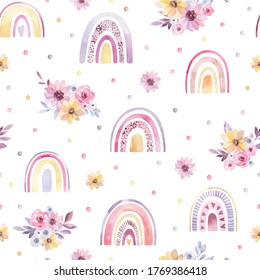 Watercolor pattern with multi-colored rainbows and flowers. Repeating pattern on a white isolated background. Seamless pattern for fabric, wrapping paper, decoration for children and other purposes.