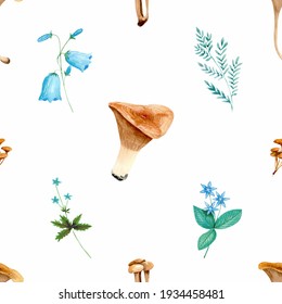 Watercolor Pattern With Mushrooms Leaves Acorns. Good For Packaging And Textiles