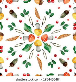 Watercolor Pattern With Mushrooms Leaves Acorns. Good For Packaging And Textiles