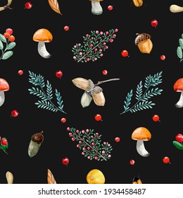 Watercolor Pattern With Mushrooms Leaves Acorns. Good For Packaging And Textiles