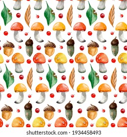 Watercolor Pattern With Mushrooms Leaves Acorns. Good For Packaging And Textiles