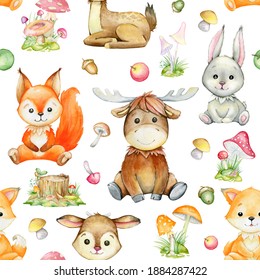 Watercolor pattern, on an isolated background. Squirrel, deer, elk, rabbit, fox, plants. Forest animals in cartoon style.