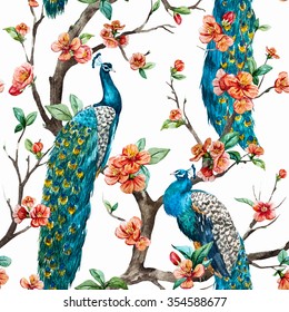 watercolor pattern peacock on a tree cherry, flowering trees