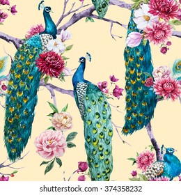 watercolor pattern peacock sitting on a tree with pink flower, chrysanthemum flower, bougainvillea, white magnolia, peony