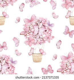 Watercolor pattern with pink aerostat balloon flowers and butterfly. Watercolor hydrangea. Floral print on white background. Hand drawn illustration
