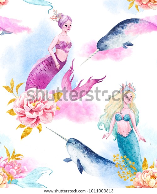 水彩紋様 ピンクと青の人魚 魚 ナーフル 水彩雲 金箔の牡丹花 一角魚 のイラスト素材