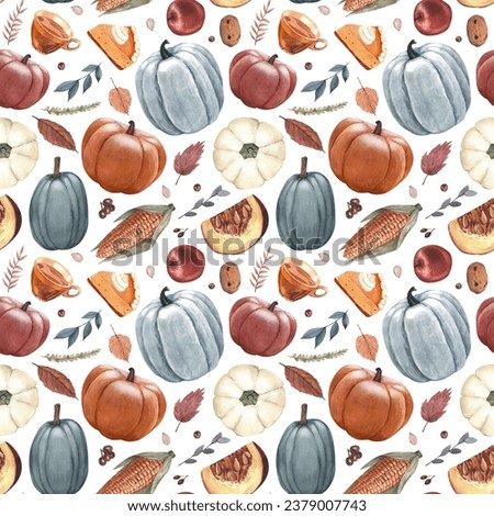 Watercolor pattern pumpkins, pumpkin pie, autumn leaves, apple and Thanksgiving Day objects. Hand-drawn illustration isolated on white background. Perfect for menu, card, frame