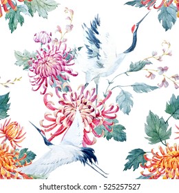 Watercolor Pattern Red Heads Crane. Chrysanthemum Flowers. Asian Traditional Motif