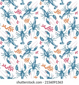 Watercolor pattern set of blue sea lobsters and corals for summer 