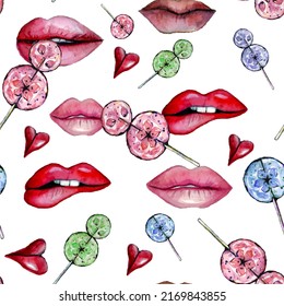 Watercolor pattern of sexy female different lips shapes with red and pink lipstick and colorful lollipops ,seamless candy pattern,sexy makeup in kiss smile,women mouth with sweets.