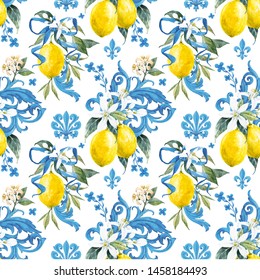 Watercolor Pattern In Sicilian Style, Blue Ornament, White Flowers Of Lemon And Flower