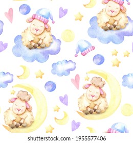 watercolor pattern sleeping lambs onthe cloud and moon wiht elements