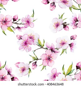 Watercolor Pattern Spring, Cherry Blossoms, Blossoming Peach, Delicate Pink Flowers, Cherry Tree