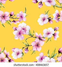 watercolor pattern spring, cherry blossoms, blossoming peach, delicate pink flowers, cherry tree yellow background