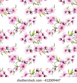 Watercolor Pattern Spring, Cherry Blossoms, Blossoming Peach, Delicate Pink Flowers, Cherry Tree,white Background, Retro