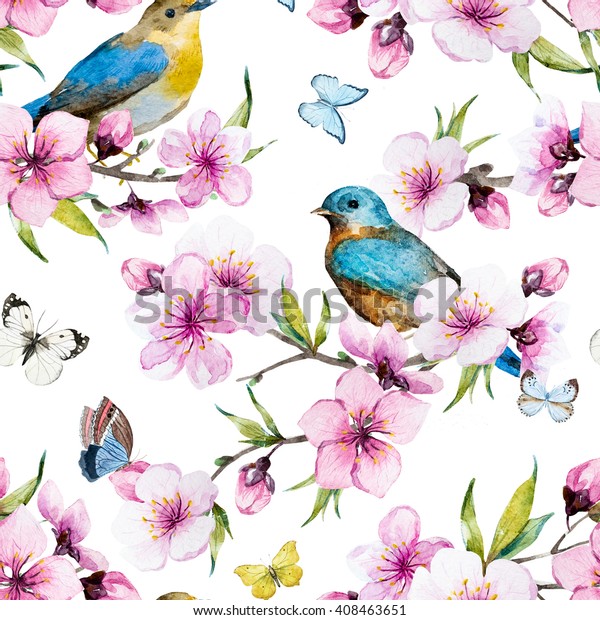 水彩柄春 桜 桃の花 繊細なピンクの花 小鳥 白い背景 のイラスト素材