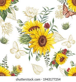 Watercolor Pattern With Sunflower Bouquets, Butterflies And Gold Elements On A White Background. It Will Look Amazing On The Fabric And Not Only.	