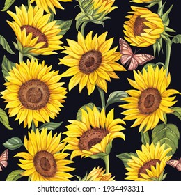 Watercolor pattern with sunflowers and butterflies on a black background. Bright summer background.