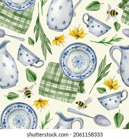 Watercolor pattern of vintage utensils in a rustic style. Kitchen rustic pattern