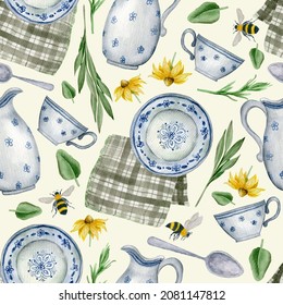 Watercolor Pattern Of Vintage Utensils In A Rustic Style. Kitchen Rustic Pattern