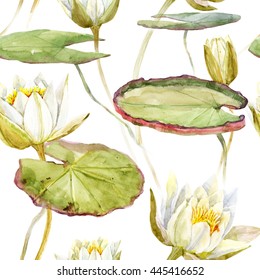 watercolor pattern of white lotus lily flower, botanical illustration, large green leaves