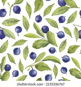 Watercolor Pattern With Wild Blueberry. Hand Painted Seamless Background With Forest Blue Berry Fruits For Textile Design Or Wallpaper