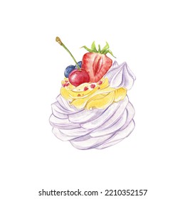 Watercolor Pavlova Cake Decorated Berries, Meringue Dessert Illustration