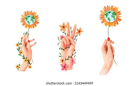 Watercolor peace sign. A person's hand with two fingers as a peace sign. Planet Earth in the form of a sunflower in the hand of a man. Hand drawn watercolor clipart for posters, cards and other.