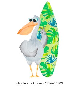 Watercolor Pelican With Surfboard. Hello Summer Card