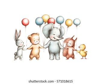 Watercolor and pencil drawing of cute animals with colorful balloons