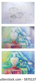 Watercolor   pencil still life  Drawing stages  Still life and vase   flowers 