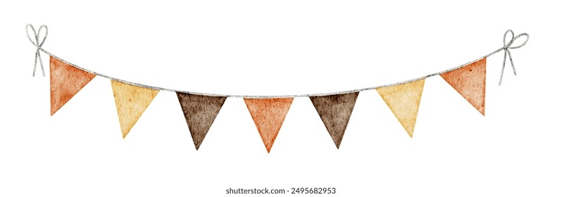 Watercolor Pennant in Autumn Colors for Harvest Festival Decorations and Invitations. Drawing of triangle Garland Banner for Halloween or Octoberfest celebration. Fall string for holiday party. - Powered by Shutterstock