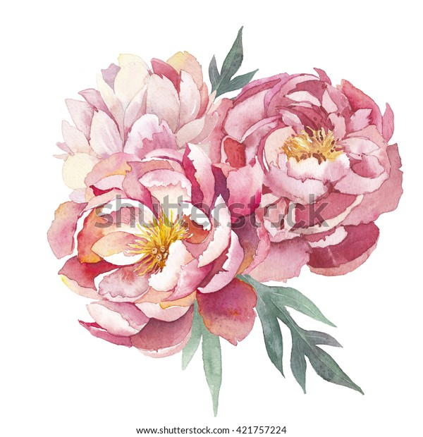白い背景に水色の牡丹花束 3つのピンクの花と緑の葉を手描きで組み合わせたもの 花柄のイラスト のイラスト素材