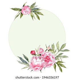 Watercolor Peonies, Round Frame, Light Green Circle, Pink Peony, Green Leaves, Wedding Decor, Romantic Frame, Watercolor Illustration