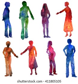 Watercolor People Silhouettes, Men And Women Clothing, Painted In Different Colors, Isolated Design Elements At White Background