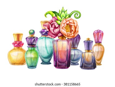 watercolor perfume jar set, blank cosmetics bottles clip art, fashion illustration isolated on white background