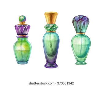 watercolor perfume jar set, vivid glass scent bottles clip art, fashion illustration isolated on white background