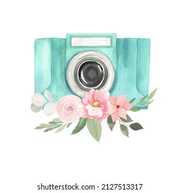 Watercolor photo camera with flowers arrangement isolated on white. Hand painted photo clip art perfect for logo design and DIY project.
