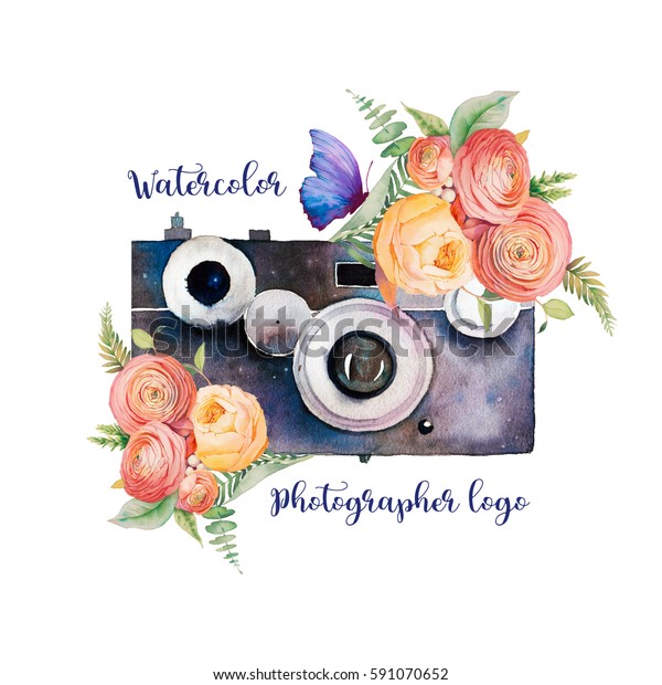 水彩写真家のロゴ 花 枝 蝶の花束を持つビンテージフォトカメラ 手描きの分離型デザイン 水彩イラスト のイラスト素材