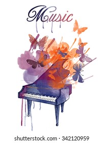 Watercolor Piano With Butterfly