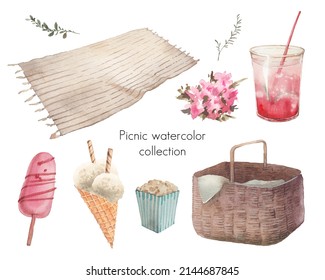 Watercolor picnic collection. Isolated illustrations: plaid, basket, drink, ice cream, floral elements.
