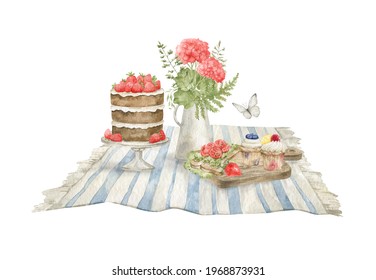 Watercolor Picnic Composition. Outdoor Adventure On Fresh Air. Cake With Strawberries, Vase With Geranium And Leaves, Cupcakes On Picnic Blanket