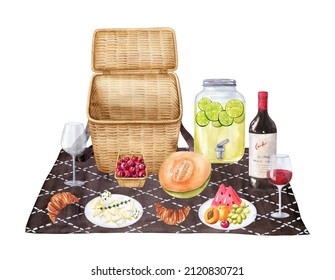 Watercolor Picnic With Wicker Camping Basket, Red Wine, Glasses, Lemonade Jar, Cheese, Croissants And Fruits On Dark Plain Rug. Summer Mood And Outdoor Recreation. Side View, Hand Drawn Clipart.