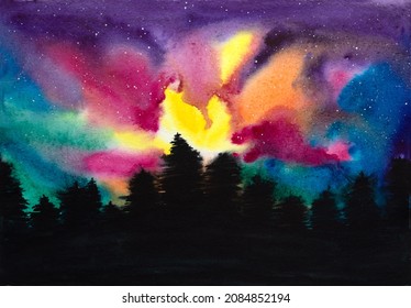 Watercolor picture colorful   starry sky above dark forest at night time  Northern Lights