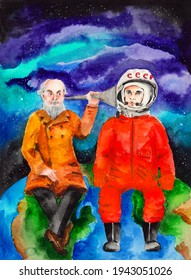 Watercolor Picture Of The First Russian Cosmonaut Gagarin And Scientist Tsiolkovsky