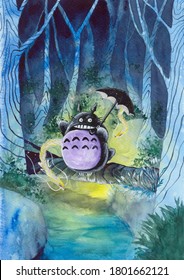  Imagen acuarela de Totoro con dos dragones en el bosque mágico

