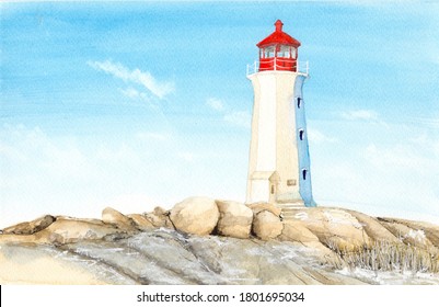  Watercolor picture of lighthouse in Peggy's Cove in Canada
