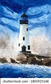 Watercolor picture of a lighthouse in a sea storm
